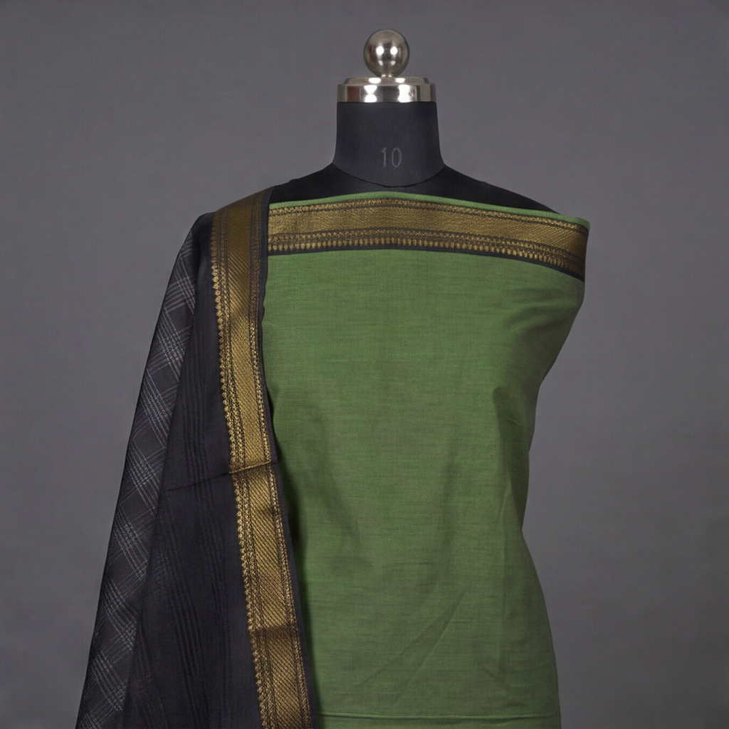 Mangalagiri Pure Cotton Zari - Olive Green & Black
