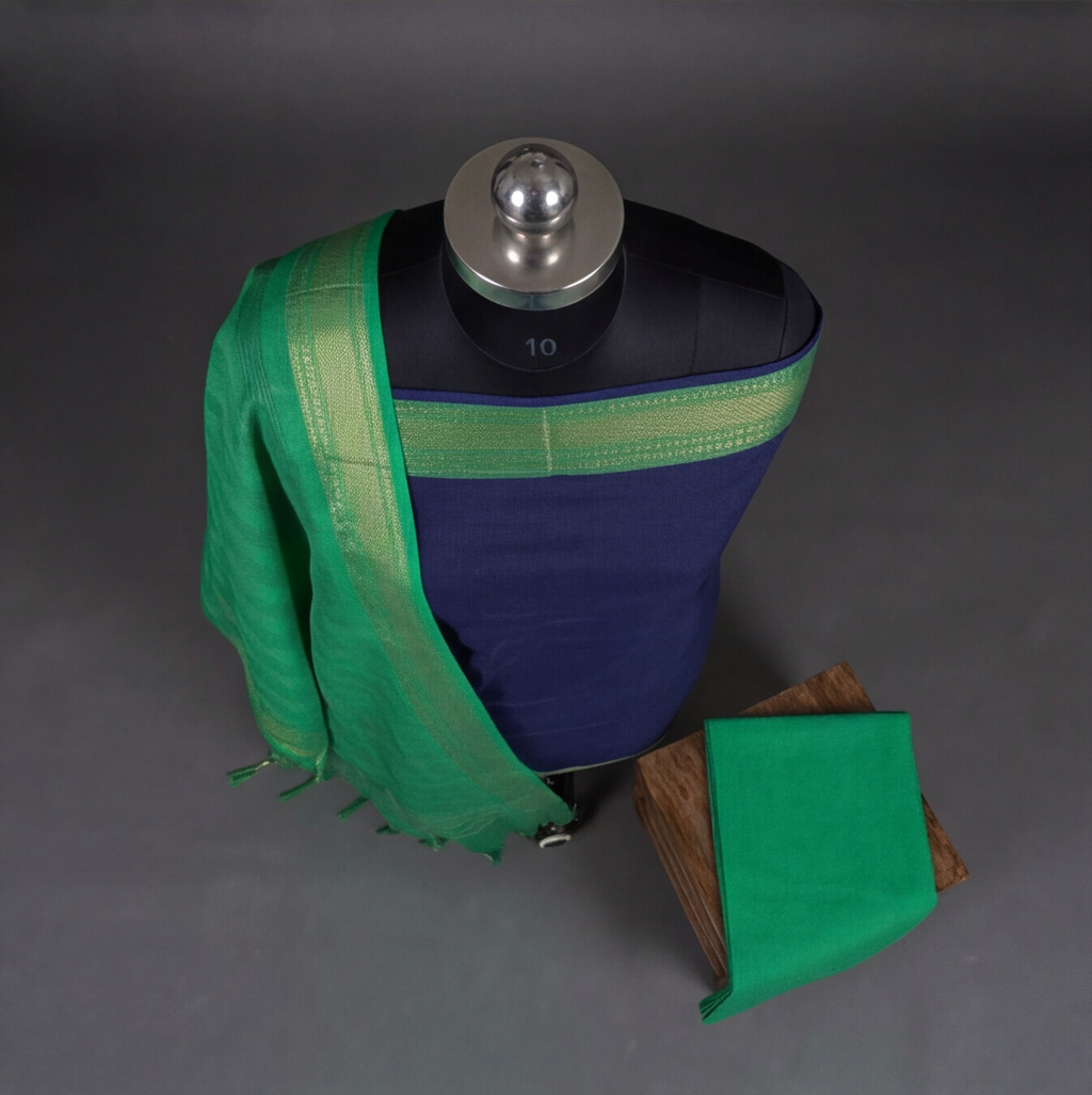 Mangalagiri Pure Cotton Zari - Navy Blue & Sea Green