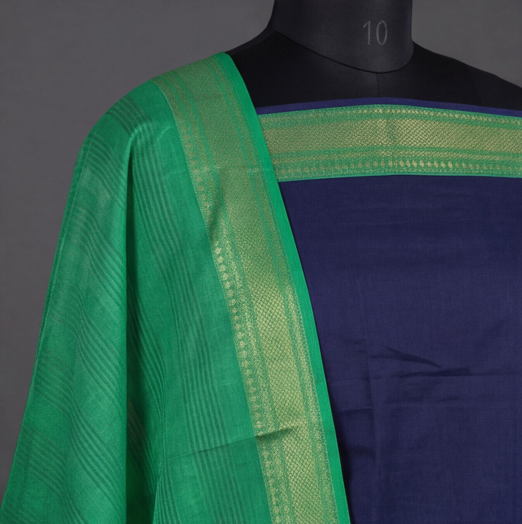 Mangalagiri Pure Cotton Zari - Navy Blue & Sea Green