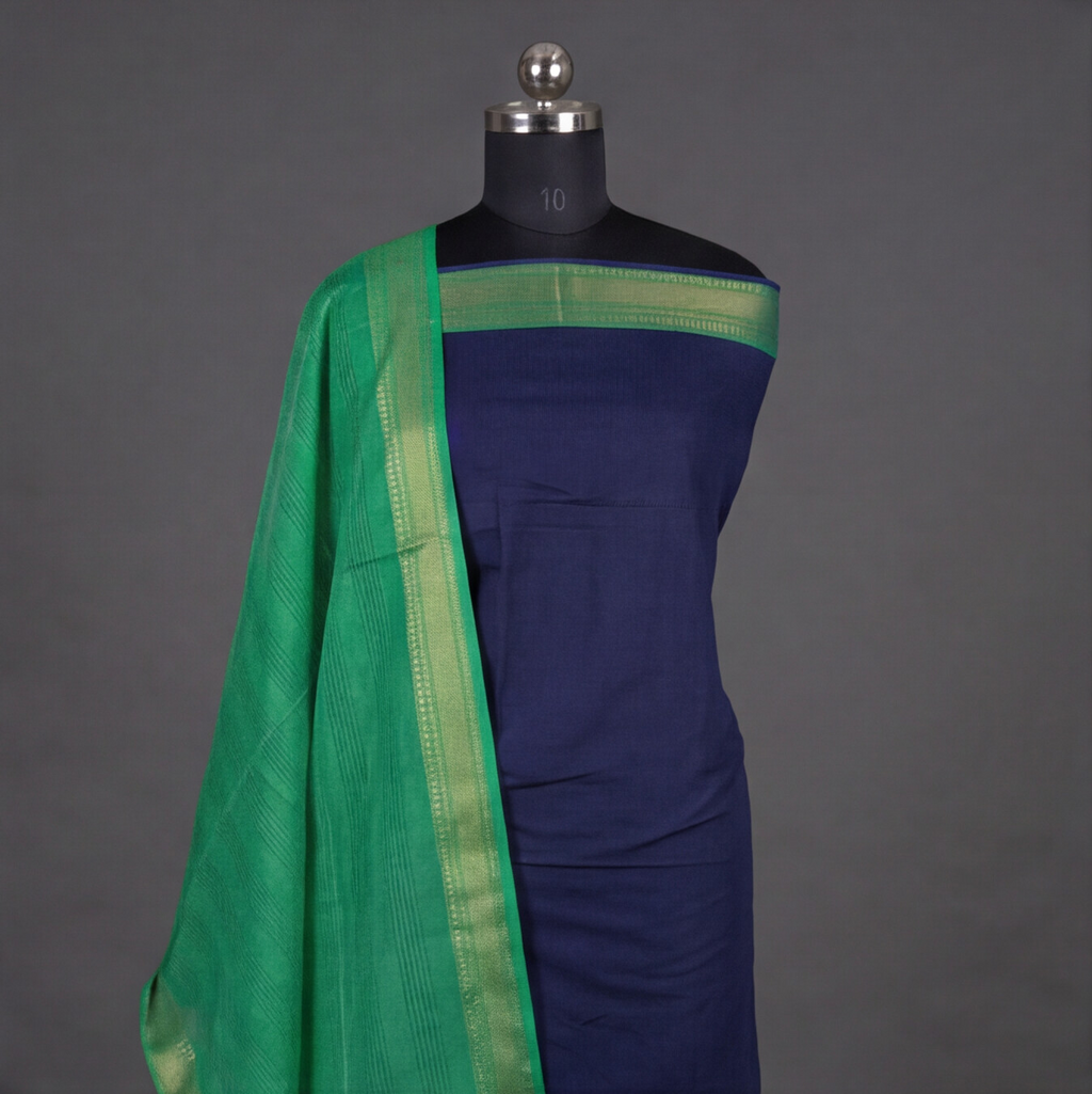 Mangalagiri Pure Cotton Zari - Navy Blue & Sea Green