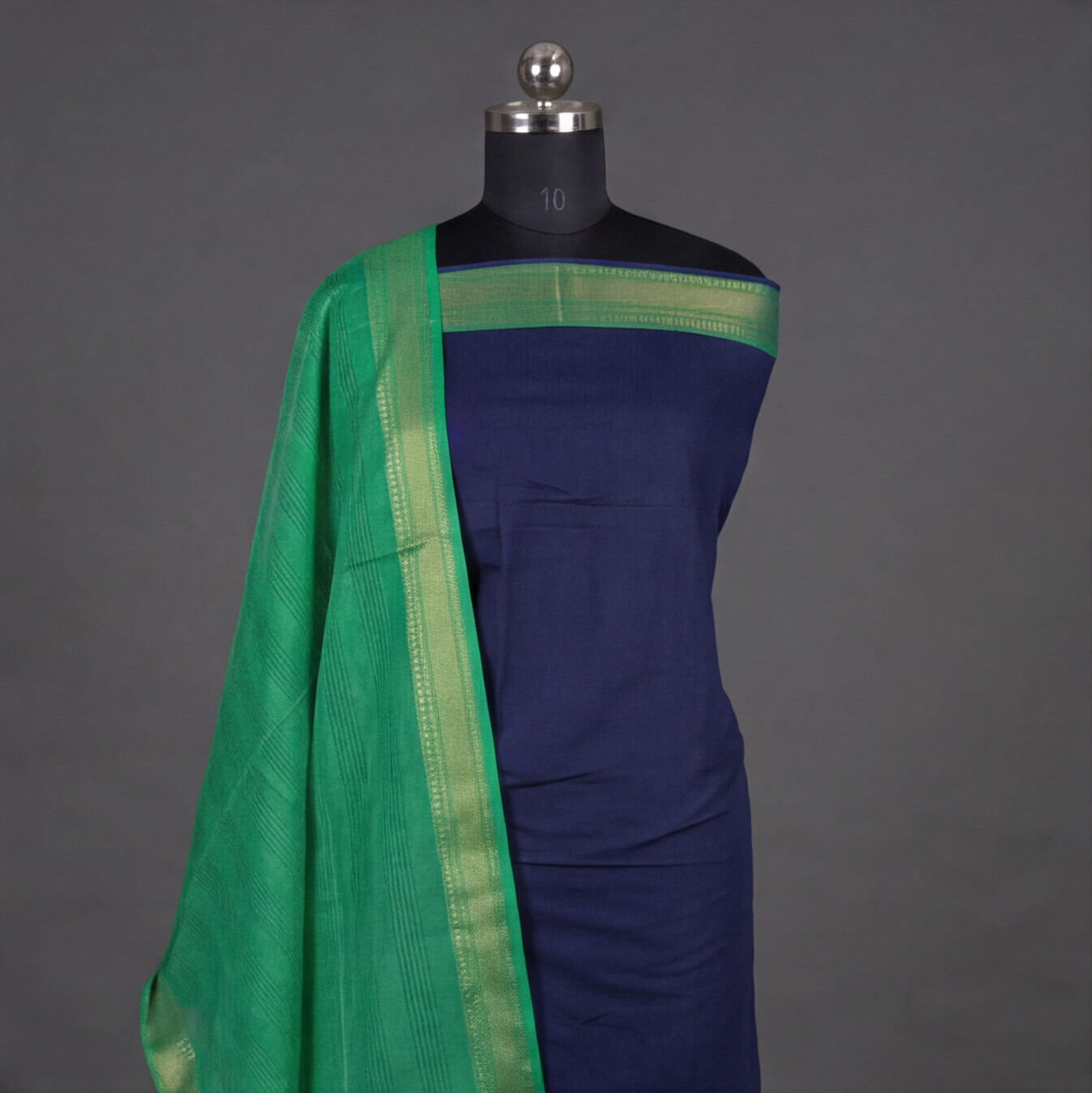 Mangalagiri Pure Cotton Zari - Navy Blue & Sea Green