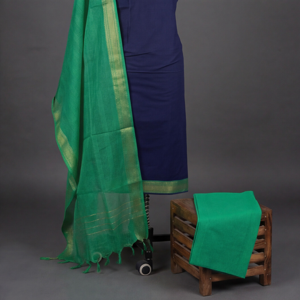 Mangalagiri Pure Cotton Zari - Navy Blue & Sea Green