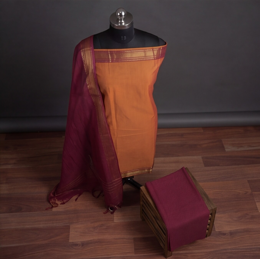 Mangalagiri Pure Cotton Zari - Orange & Maroon