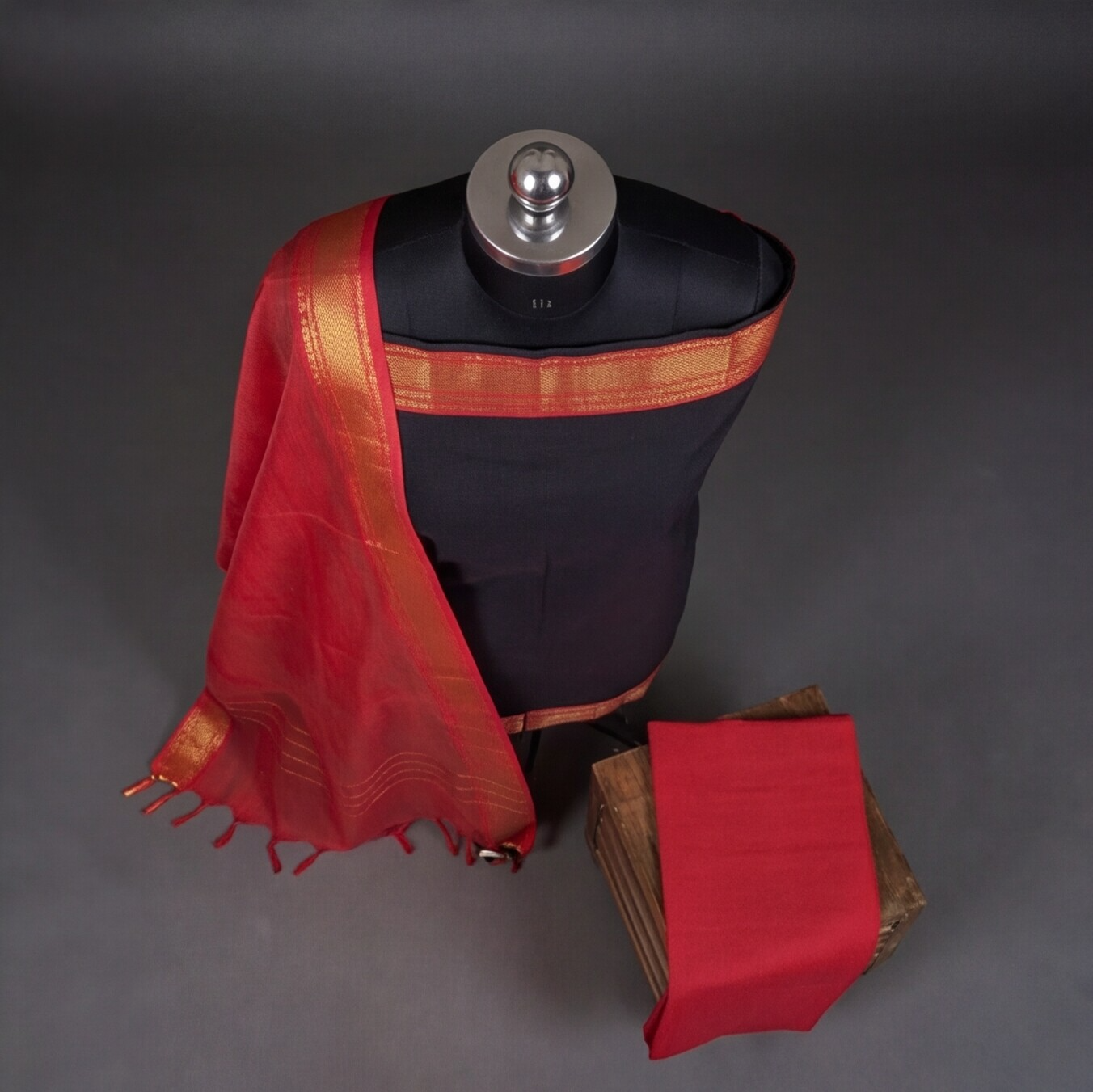 Mangalagiri Pure Cotton Zari - Jet Black & Red