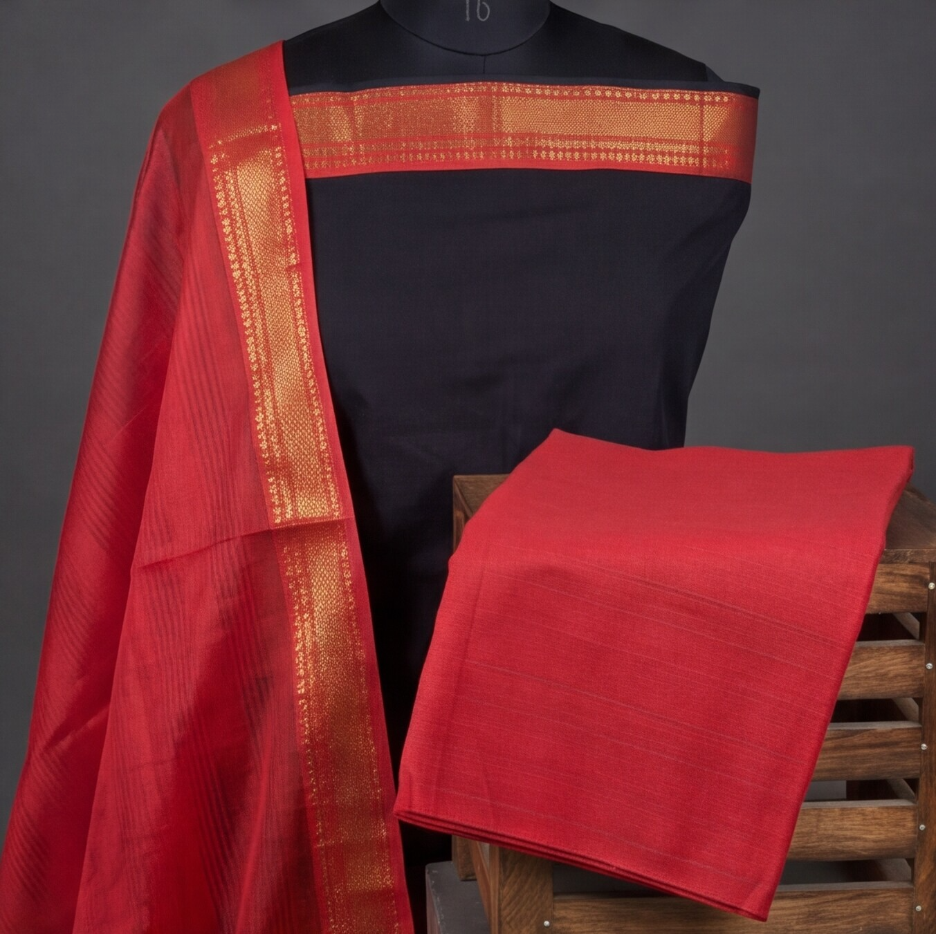 Mangalagiri Pure Cotton Zari - Jet Black & Red