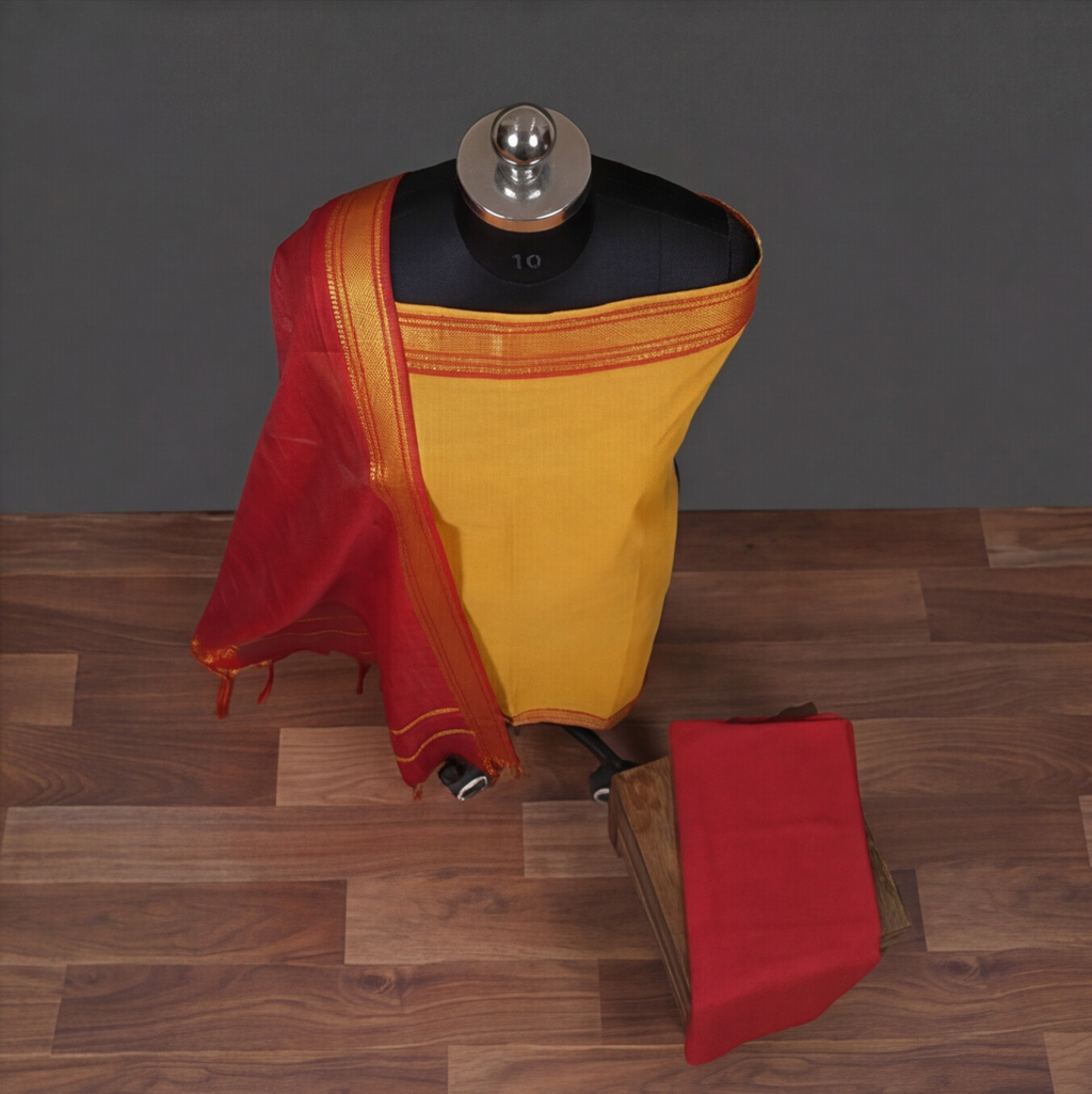 Mangalagiri Pure Cotton Zari - Mustard Yellow & Red