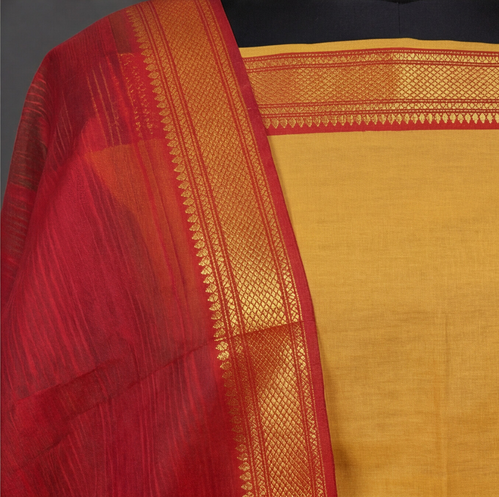 Mangalagiri Pure Cotton Zari - Mustard Yellow & Red