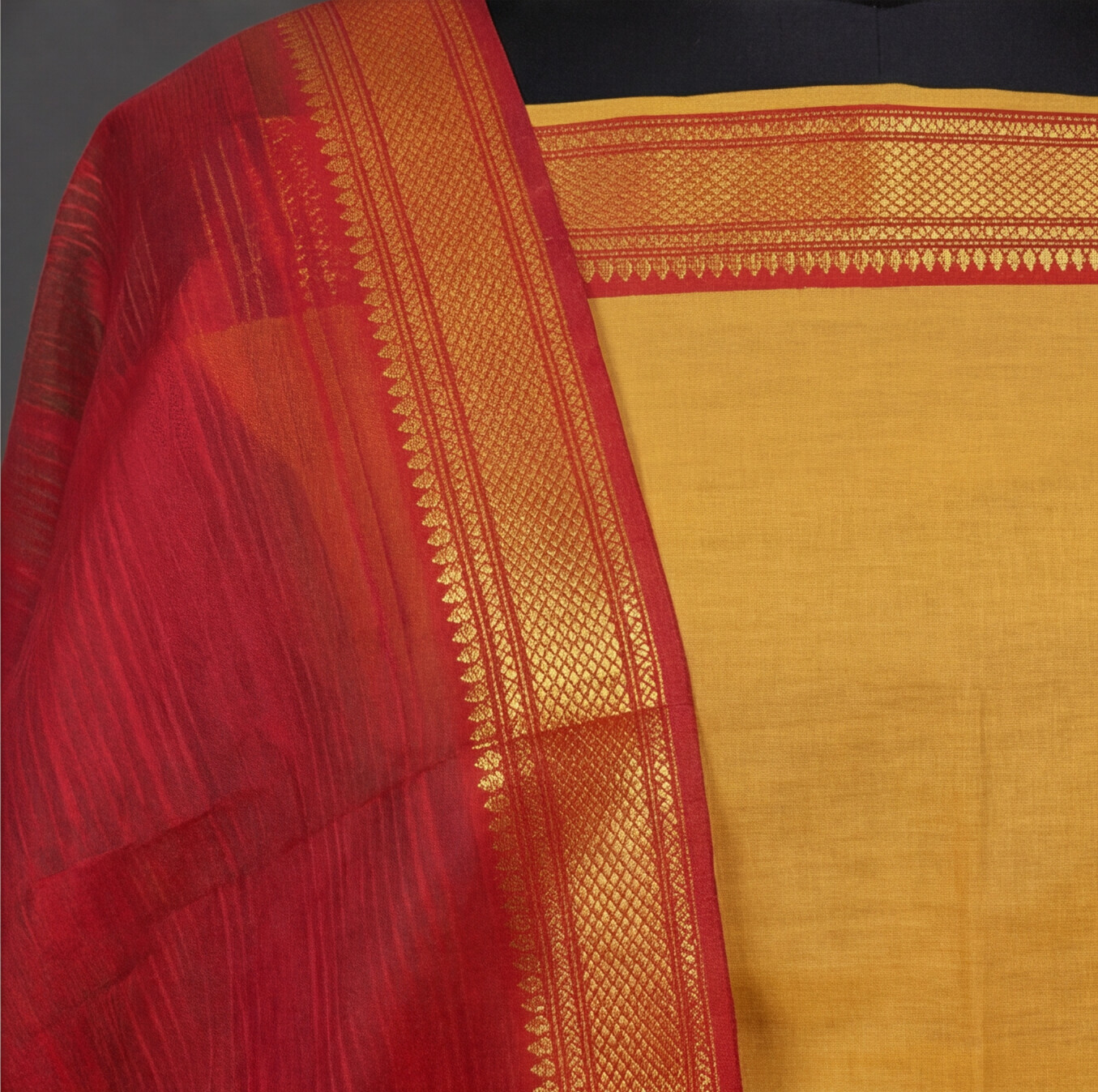 Mangalagiri Pure Cotton Zari - Mustard Yellow & Red