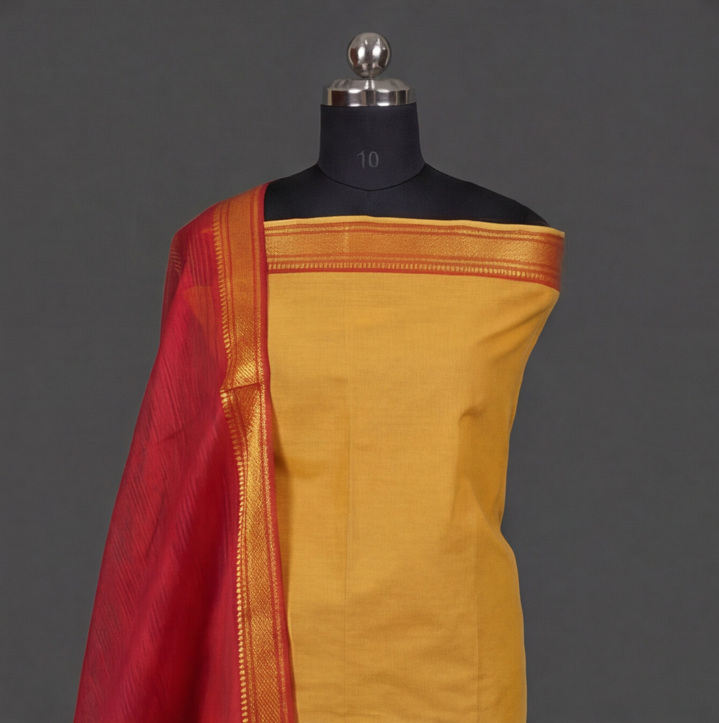 Mangalagiri Pure Cotton Zari - Mustard Yellow & Red