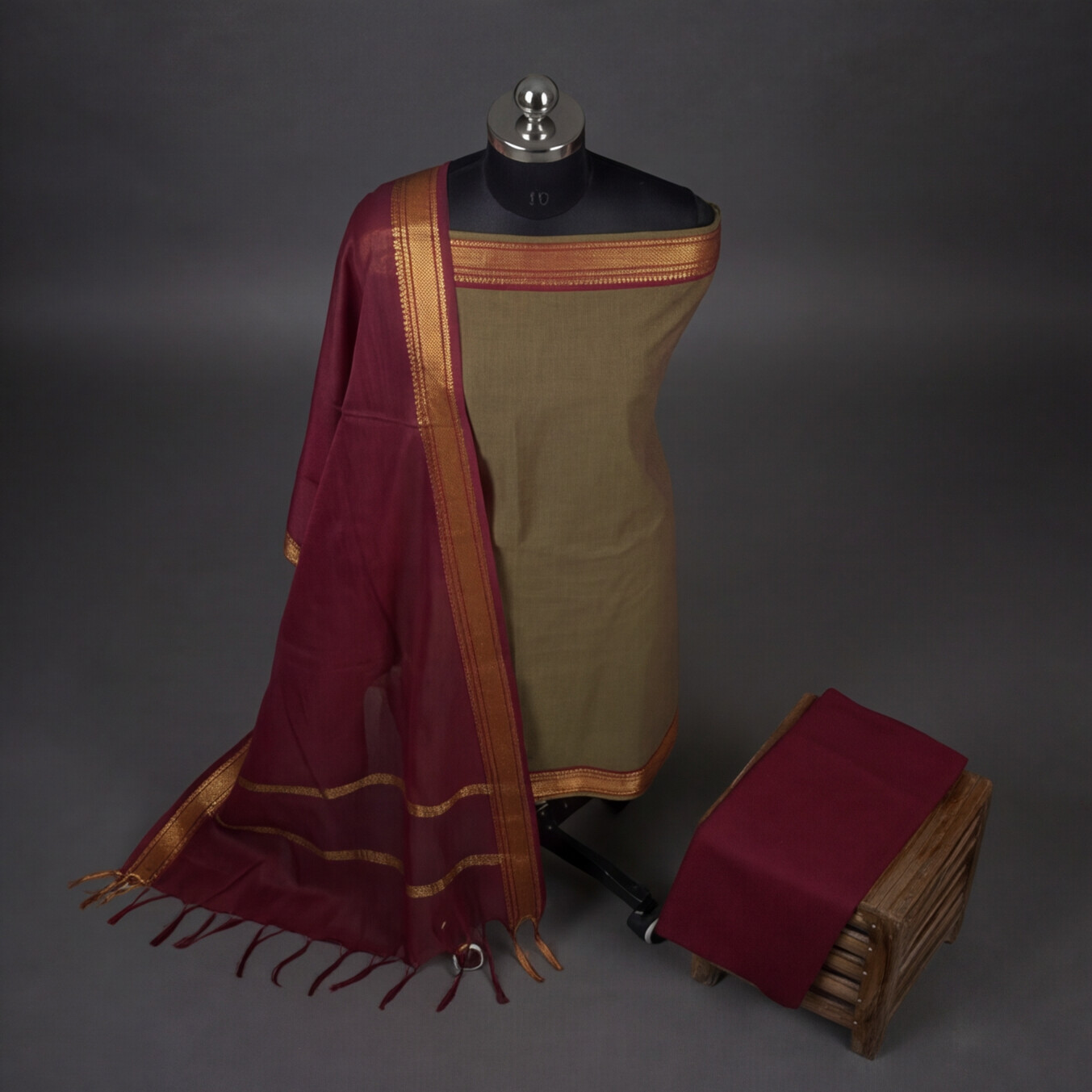 Mangalagiri Pure Cotton Zari - Beige & Wine