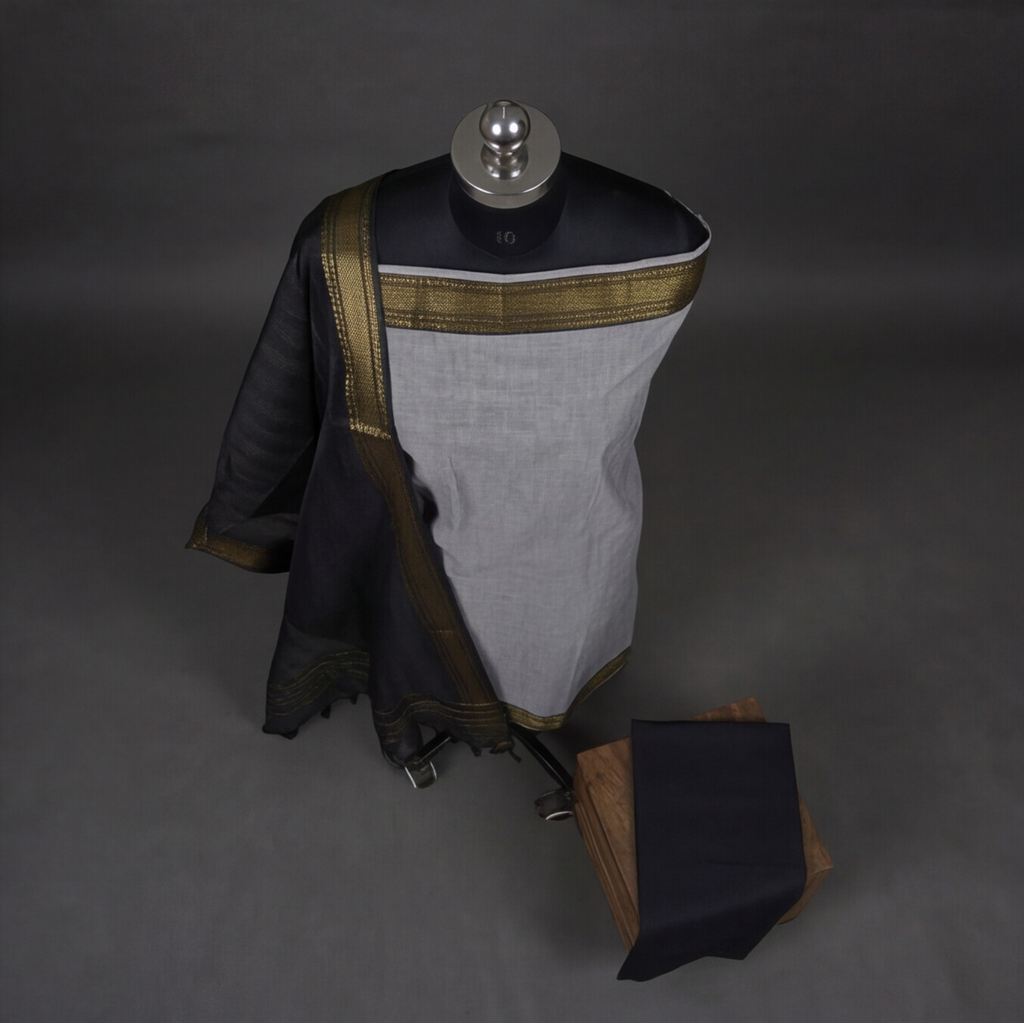 Mangalagiri Pure Cotton Zari - Light Grey & Black