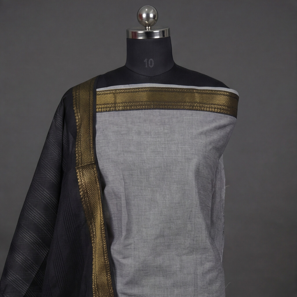 Mangalagiri Pure Cotton Zari - Light Grey & Black
