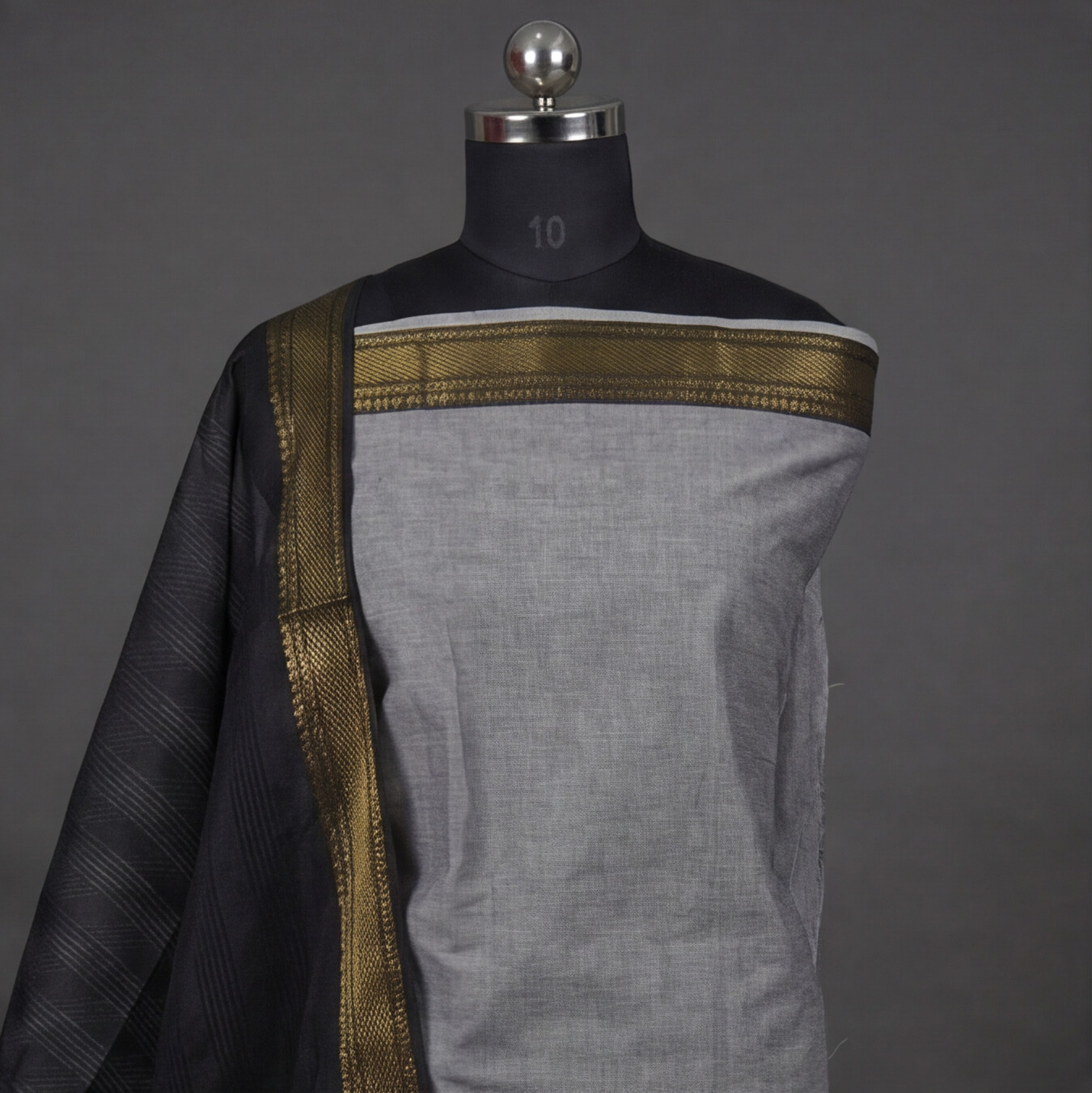 Mangalagiri Pure Cotton Zari - Light Grey & Black