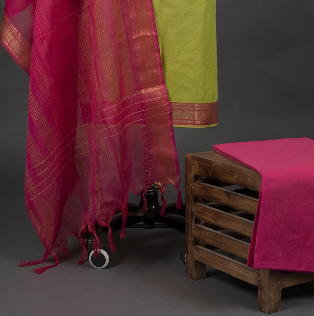 Mangalagiri Pure Cotton Zari - Lime Green & Magenta