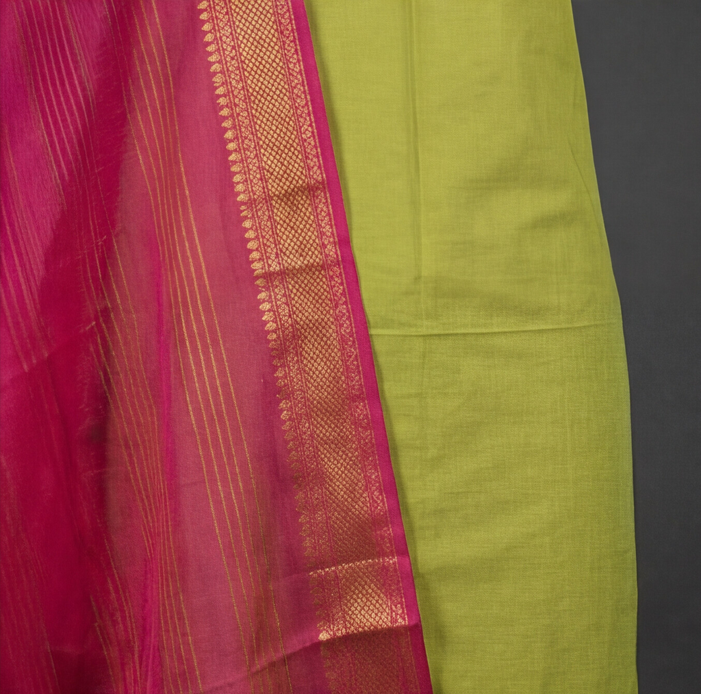 Mangalagiri Pure Cotton Zari - Lime Green & Magenta