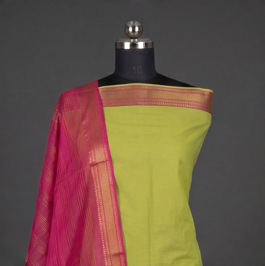 Mangalagiri Pure Cotton Zari - Lime Green & Magenta