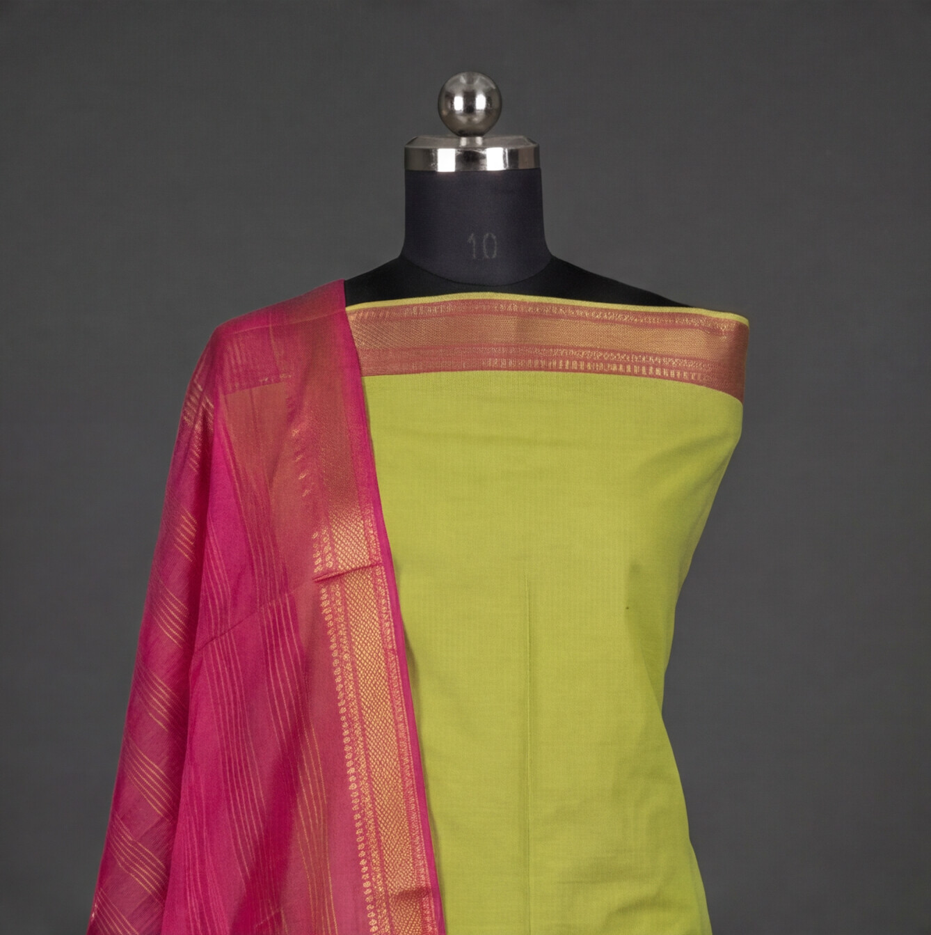 Mangalagiri Pure Cotton Zari - Lime Green & Magenta