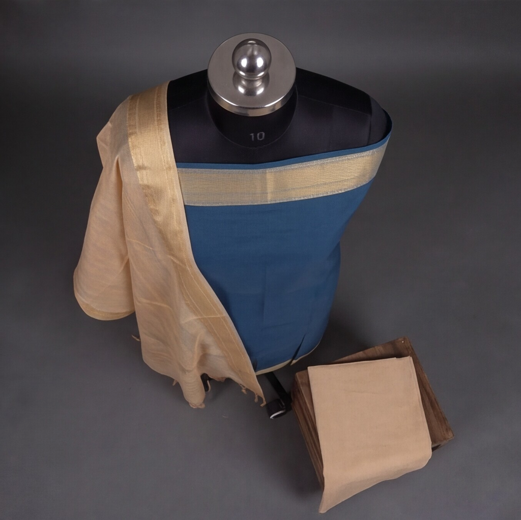 Mangalagiri Pure Cotton Zari - Teal Blue & Beige