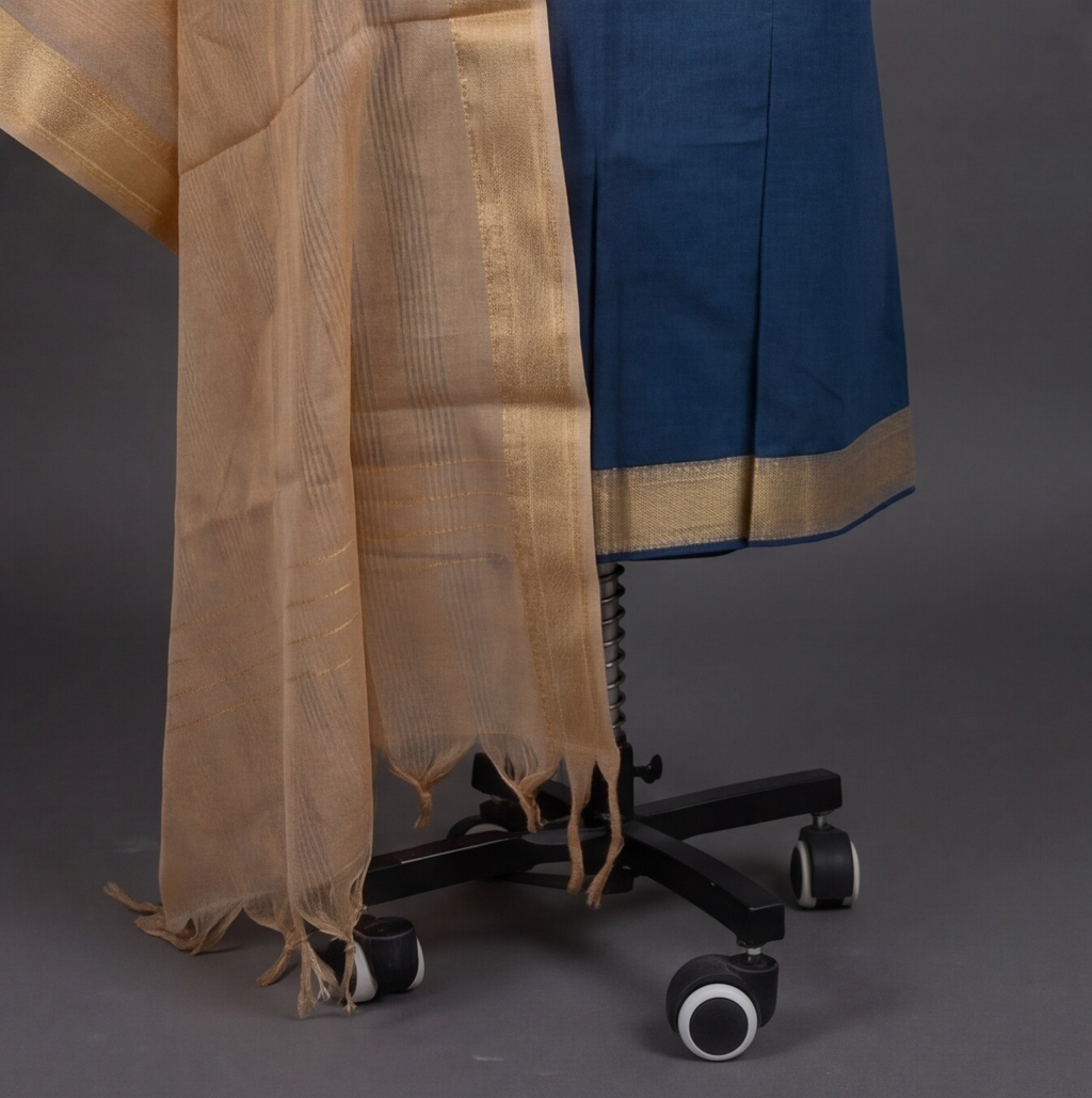 Mangalagiri Pure Cotton Zari - Teal Blue & Beige