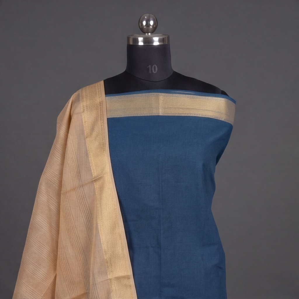 Mangalagiri Pure Cotton Zari - Teal Blue & Beige