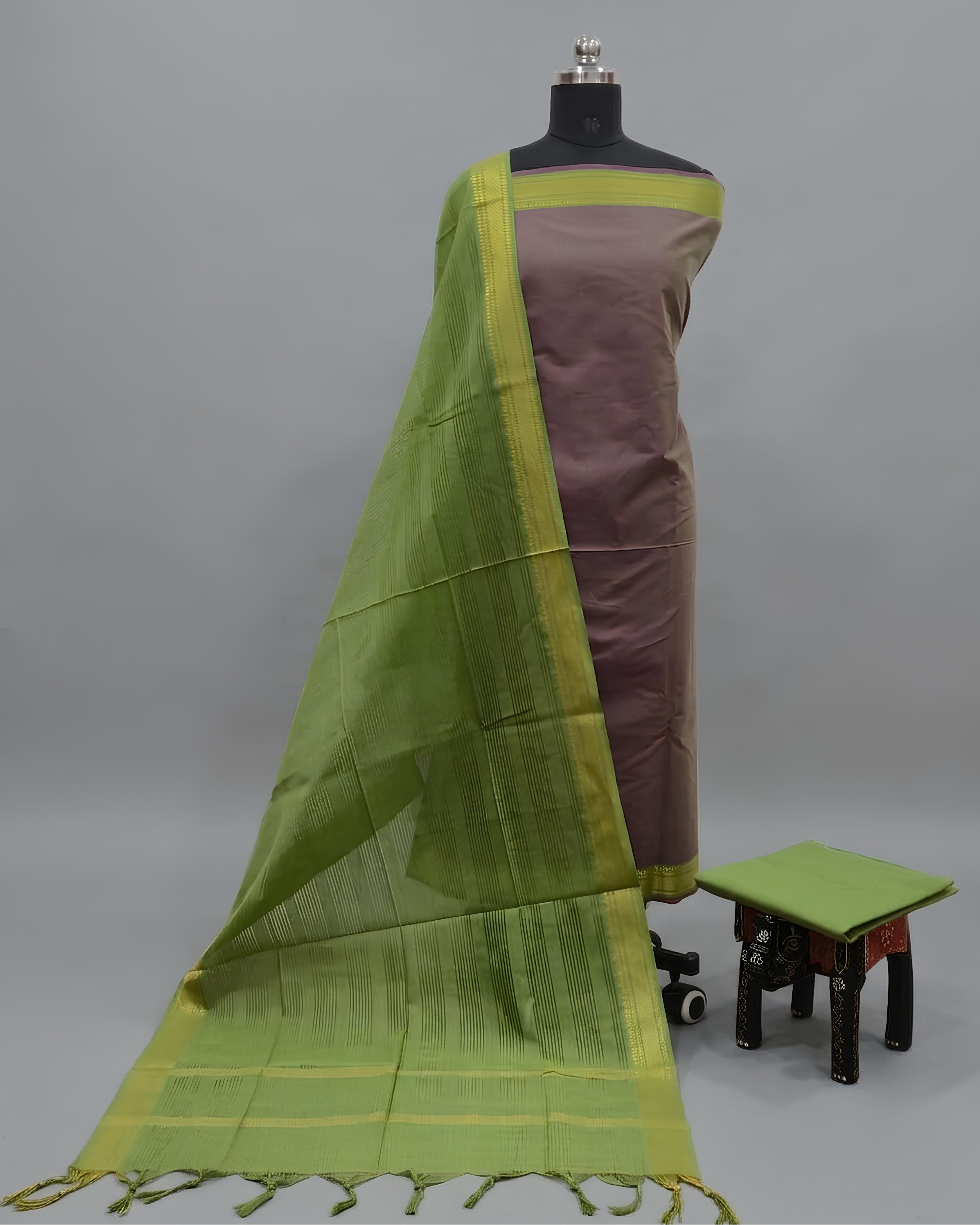 MANGALAGIRI PURE COTTON  ZARI -MAUVE BROWN WITH LIME GREEN