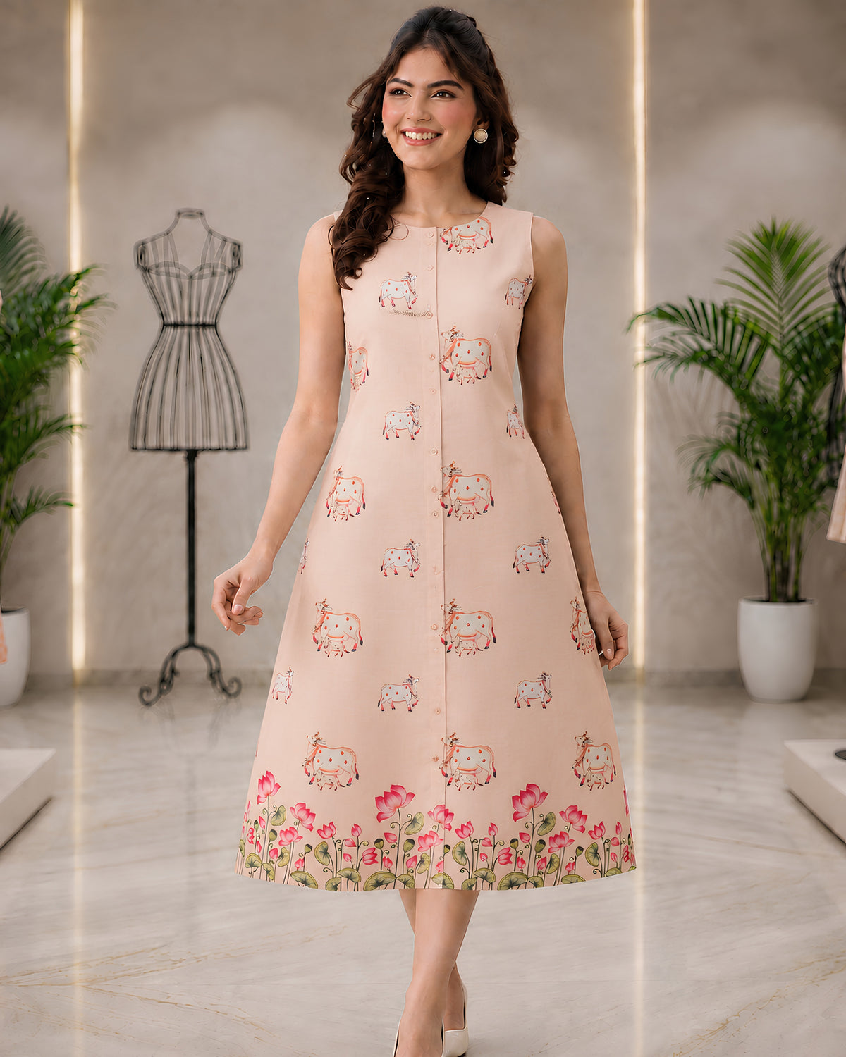 Soft cotton slub fabric with digital print of a cow pattern, from S Fabs, showcasing natural texture and detailed design.