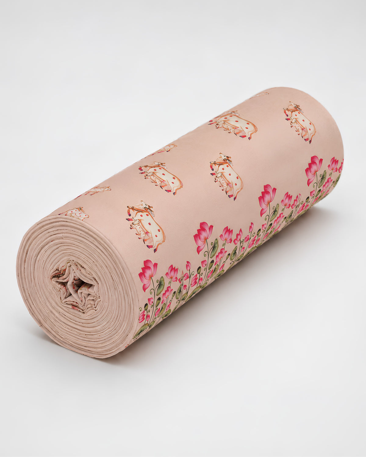 Cotton Slub fabric by S Fabs with digital print of a cow, showcasing soft textured material and detailed animal design.