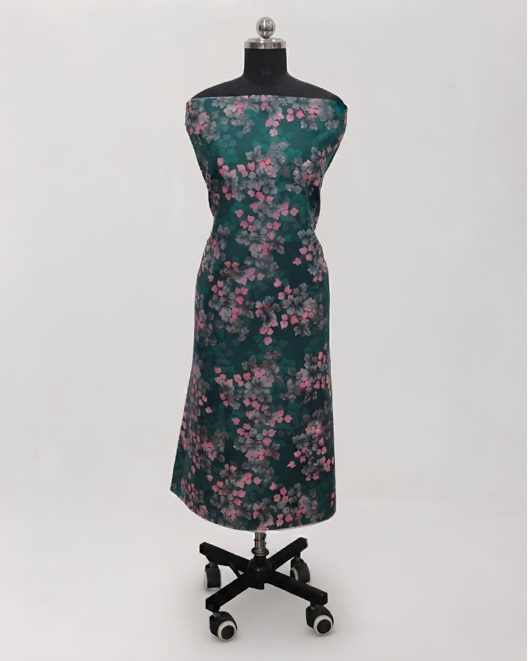 Green floral digital print cotton slub fabric by S Fabs, showcasing a textured material with vibrant floral design.