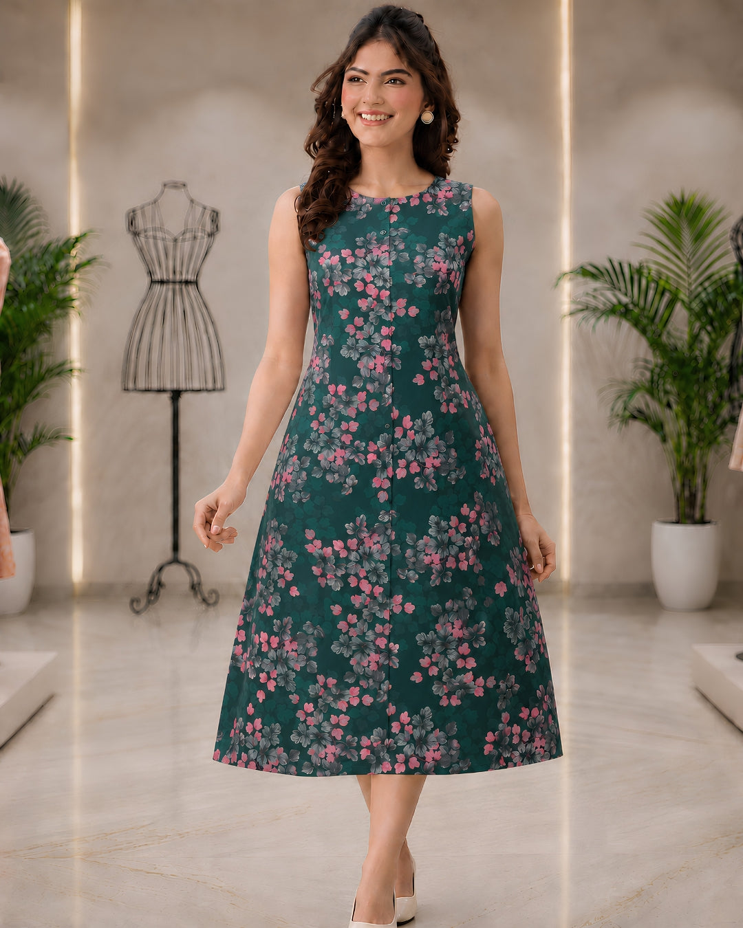 Green floral digital print cotton slub fabric by S Fabs, showcasing soft texture and vibrant floral pattern.