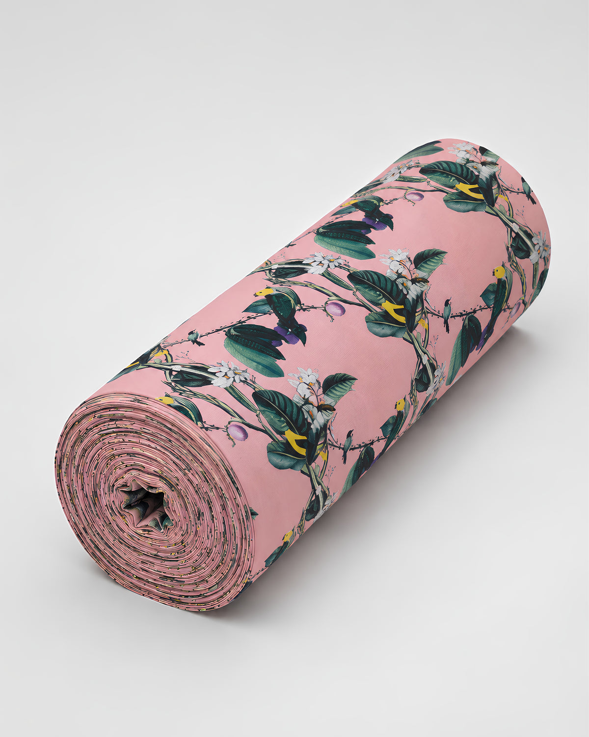 Pink parrot digital print on cotton slub fabric by S Fabs, showcasing vibrant bird design and textured material.