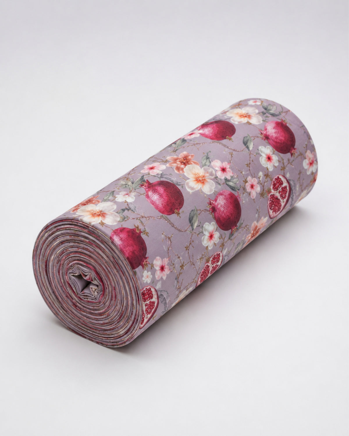 Cotton slub fabric with digital pomegranate print by S Fabs, showcasing textured material and vibrant fruit pattern.