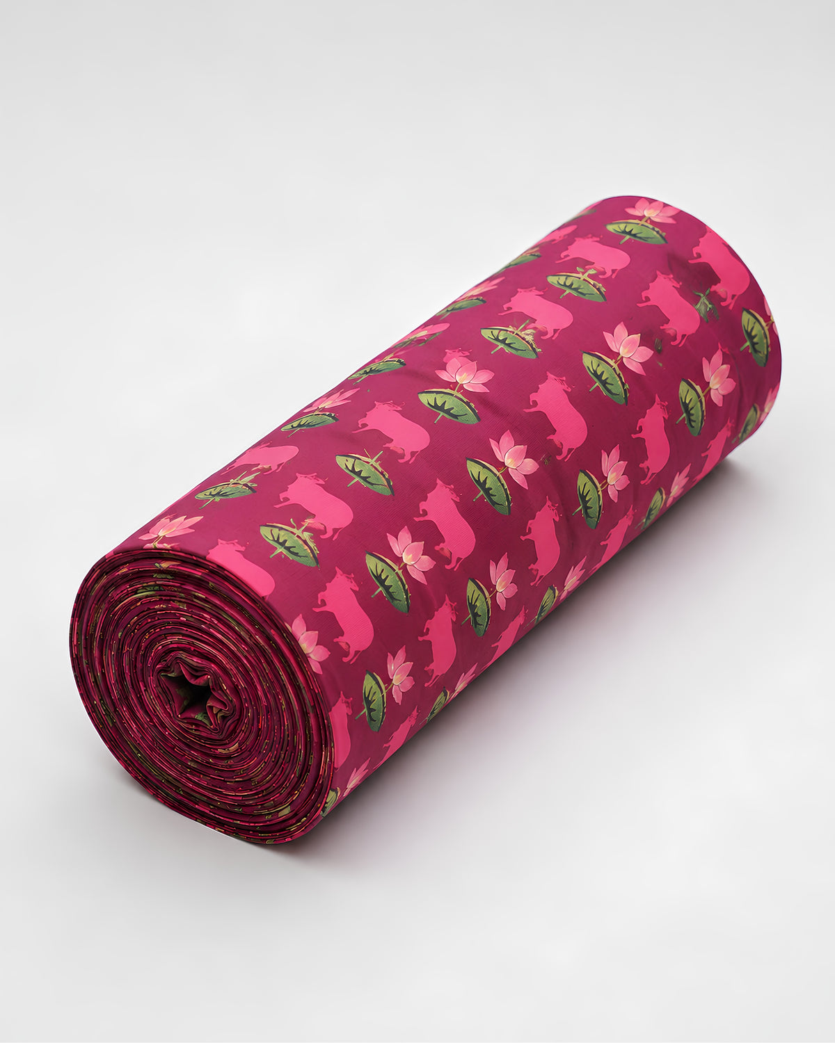 Cotton Slub fabric with digital print of red lotus and cow design, from S Fabs, showcasing textured cotton material.