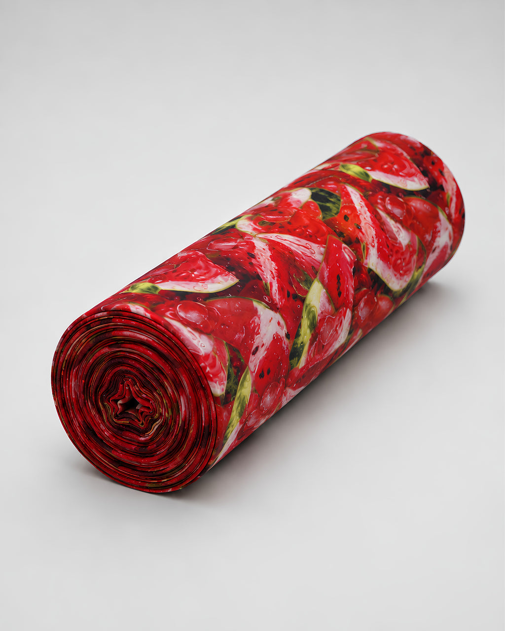 Cotton Slub fabric by S Fabs with a vibrant digital watermelon print, showcasing a textured cotton material.