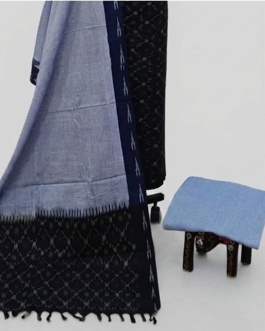 Charcoal black, grey, and blue Ikkat Chudi set material by S Fabs, featuring traditional woven textile in intricate patterns.