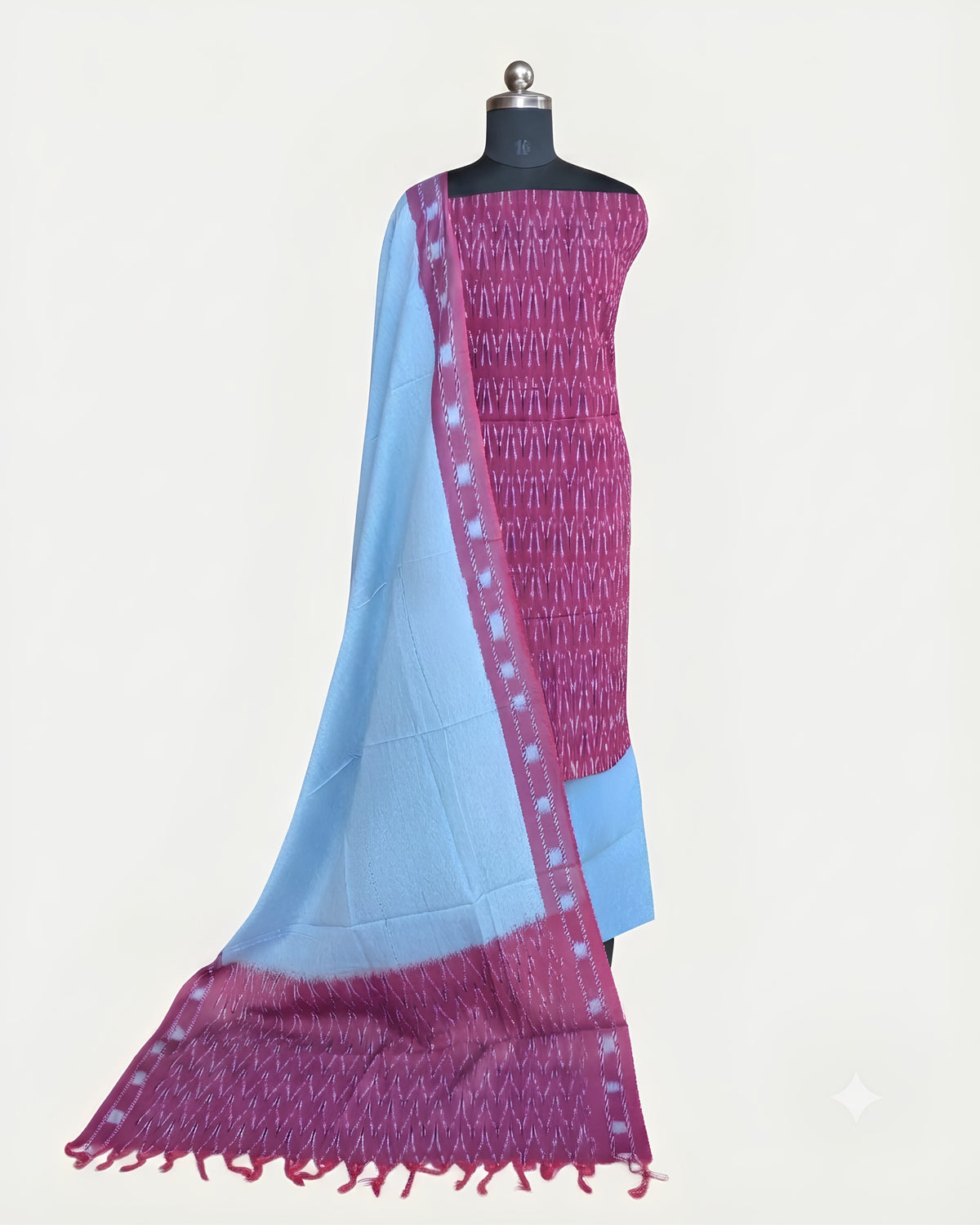 Light sky blue Ikkat chudi set material by S Fabs in deep magenda color, featuring traditional woven patterns and intricate design.
