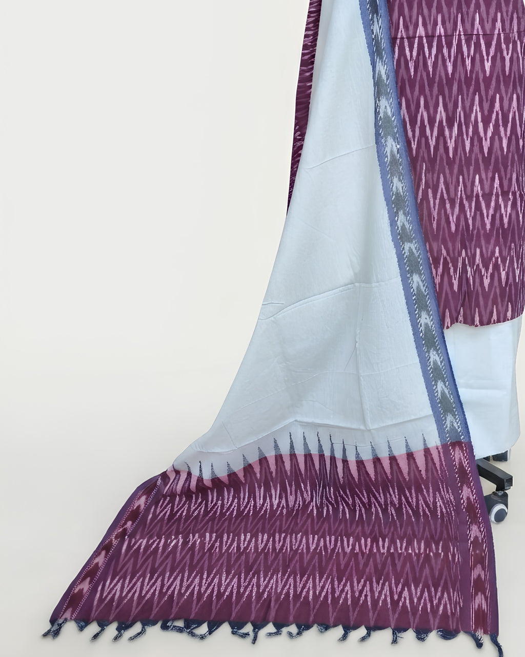 Deep purple and white Ikkat Chudi set fabric by S Fabs, featuring traditional woven design and vibrant colors.