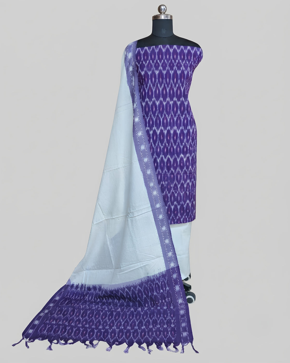 Deep royal blue Ikkat Chudi set with solid white accents, crafted from high-quality material by S Fabs.