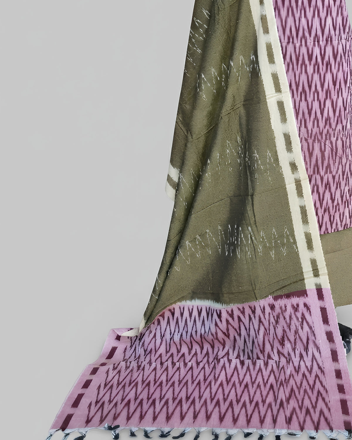 Ikkat chudi set in dusty rose and olive green fabric by S Fabs, showcasing traditional woven material with intricate patterns.