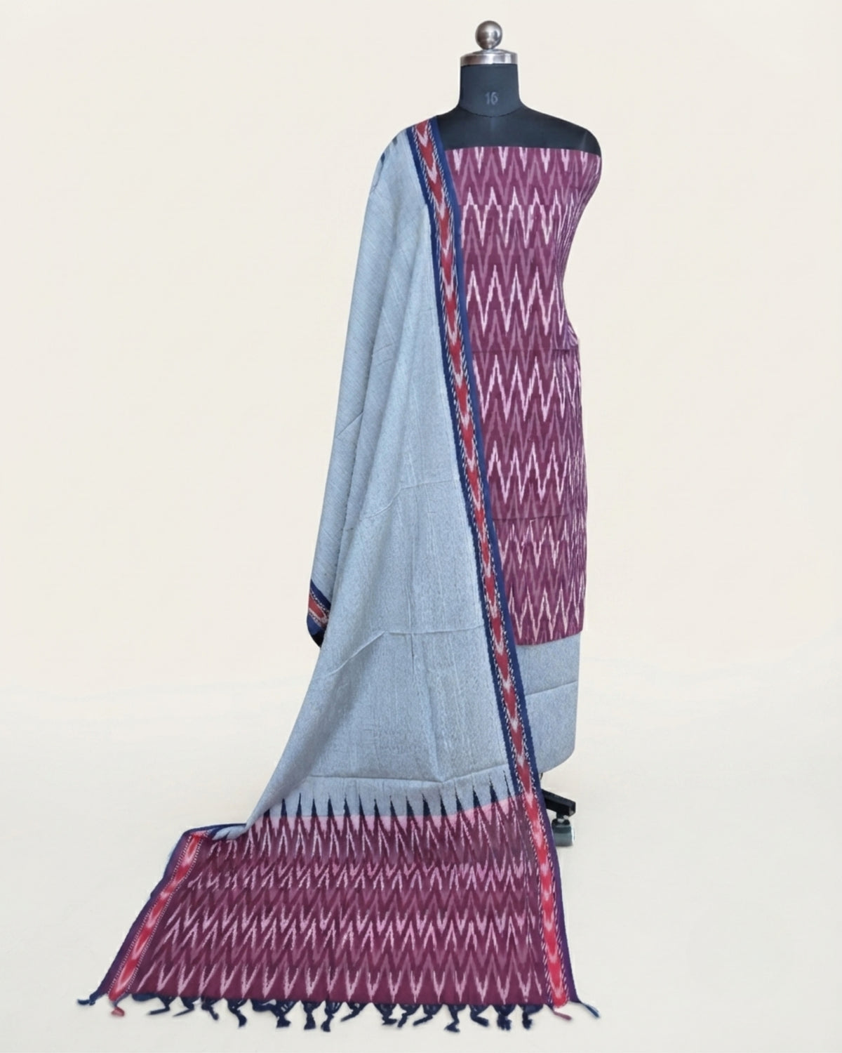 Ikkat Chudi Set in maroon and light grey fabric by S Fabs, featuring traditional textile design and vibrant color contrast.