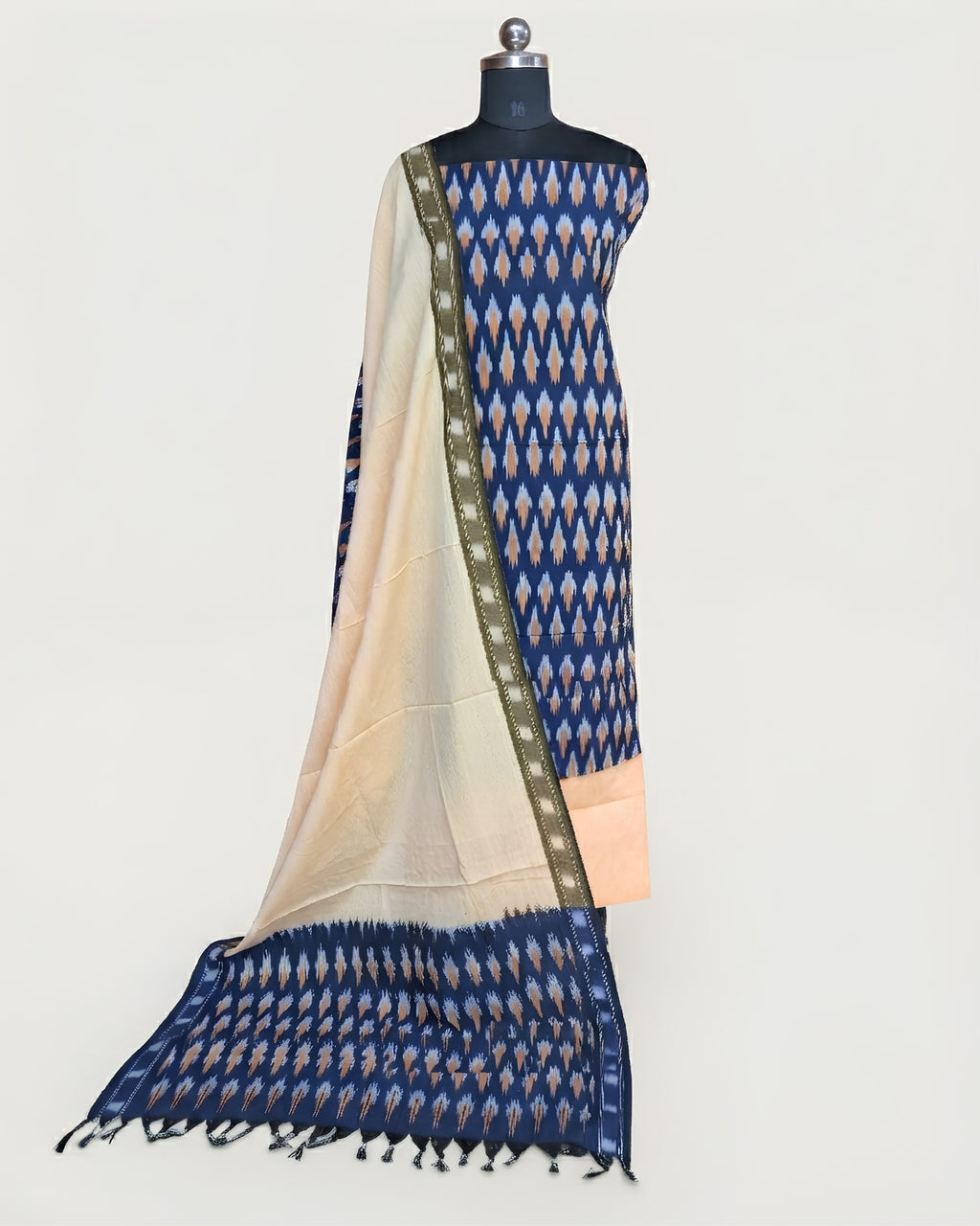 Navy blue Ikkat Chudi set fabric from S Fabs featuring soft beach-inspired material with intricate traditional patterns.