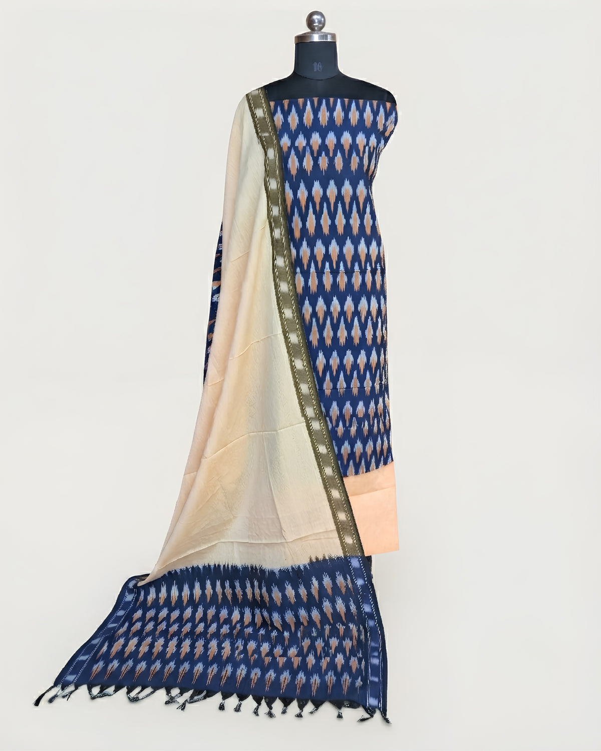 Navy blue Ikkat Chudi set fabric from S Fabs featuring soft beach-inspired material with intricate traditional patterns.