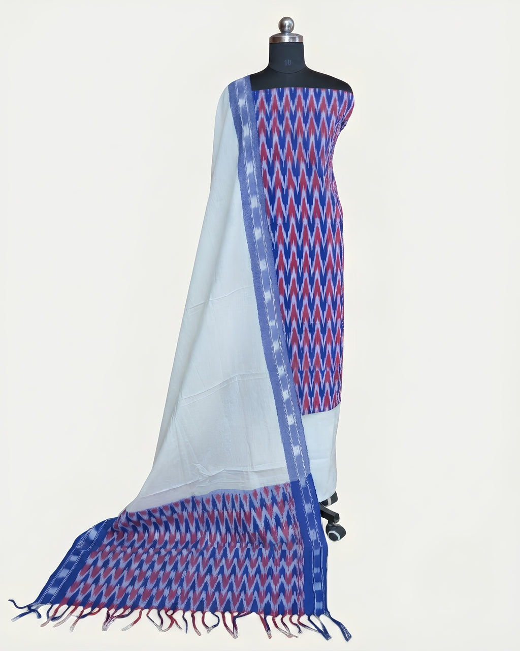 Royal blue Ikkat Chudi set from S Fabs featuring solid white material, shown in a detailed close-up image.