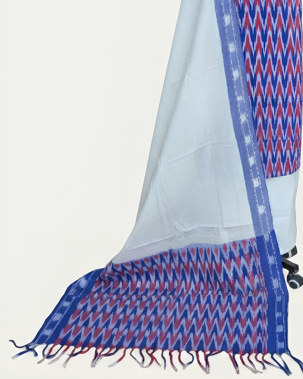Royal blue Ikkat chudi set with solid white accents, made from high-quality material by S Fabs, displayed on a white background.