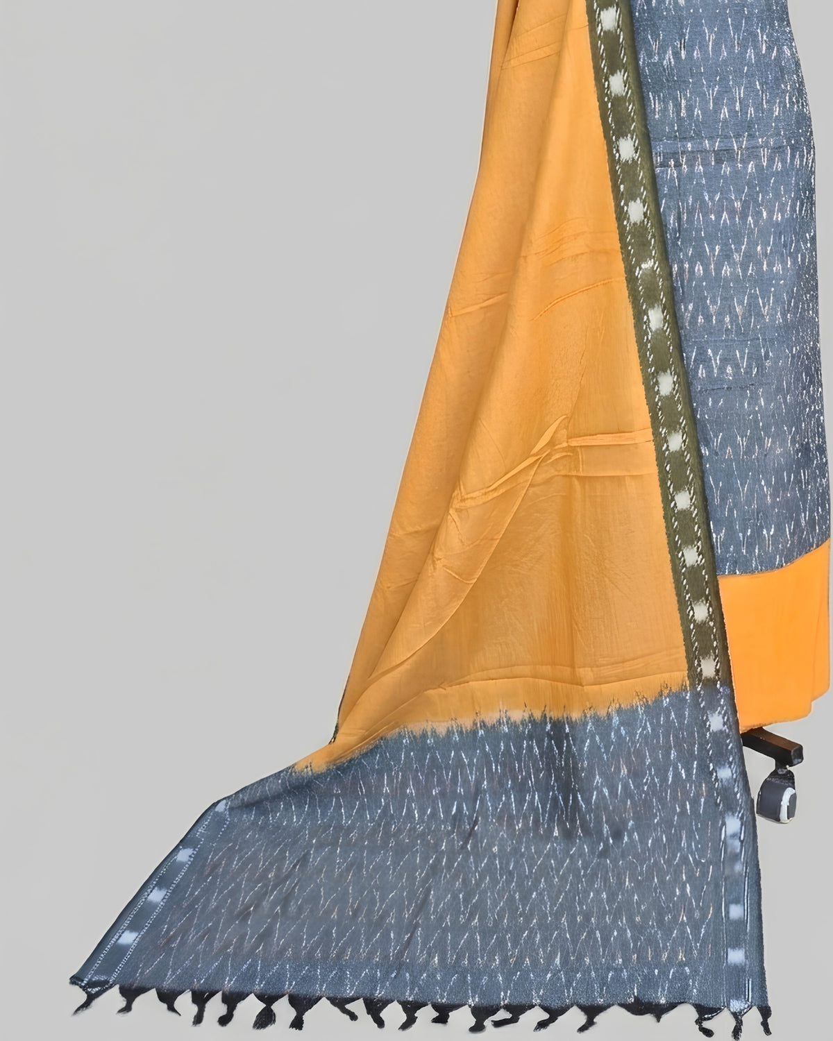 Slate grey and mustard yellow Ikkat chudi set material from S Fabs, featuring traditional woven textile design.