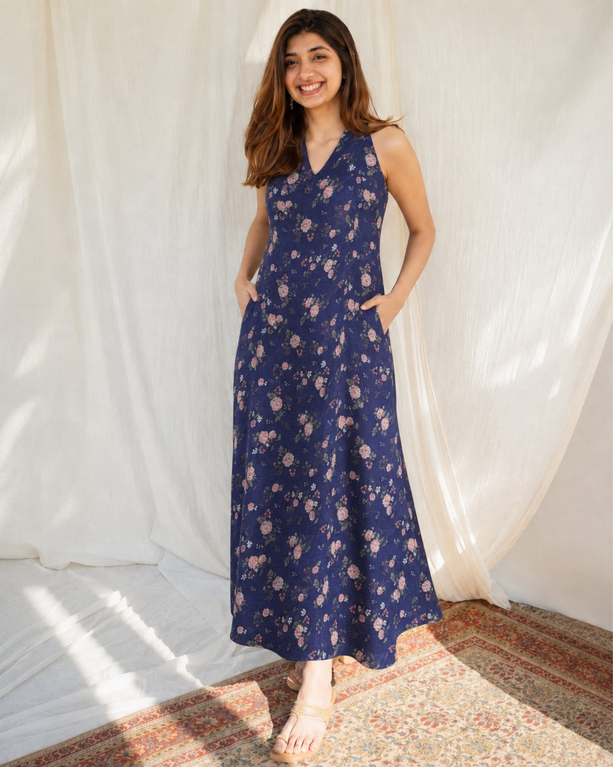 Blue floral digital print fabric by S Fabs, showcasing vibrant blue flowers on a lightweight material for stylish clothing or decor.