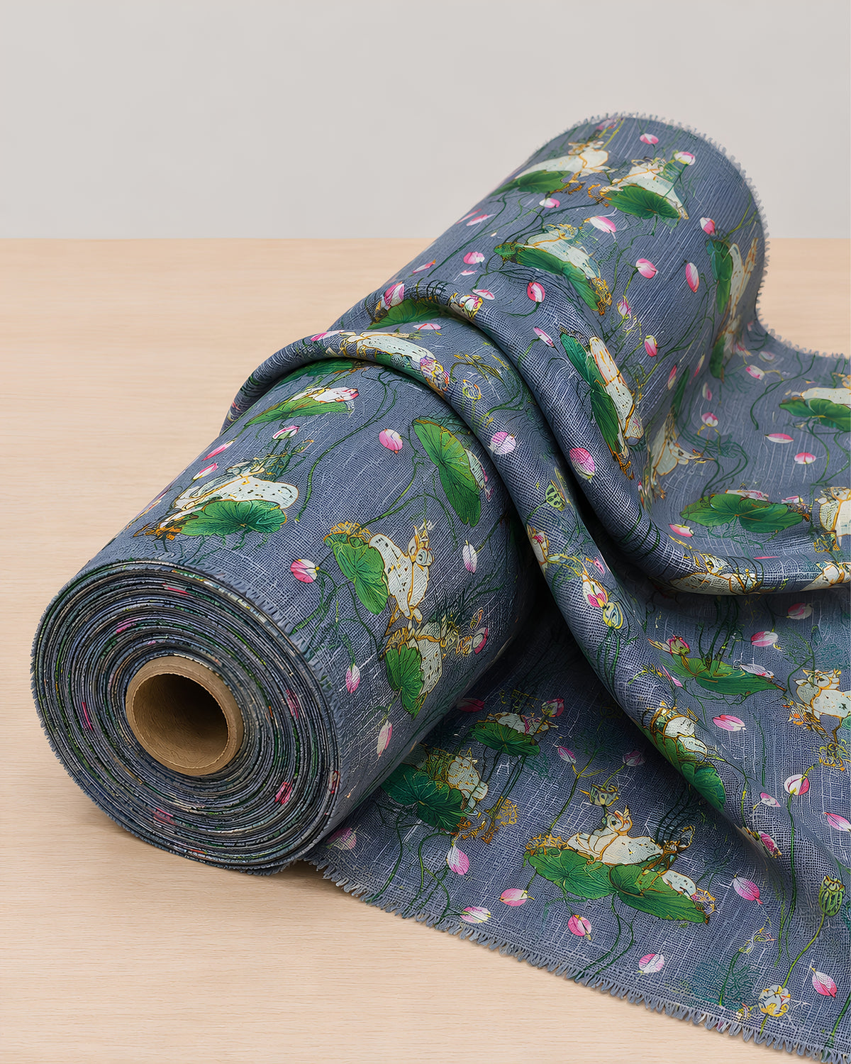 Dusty blue Lotus digital print fabric from S Fabs, showcasing intricate floral design on material.