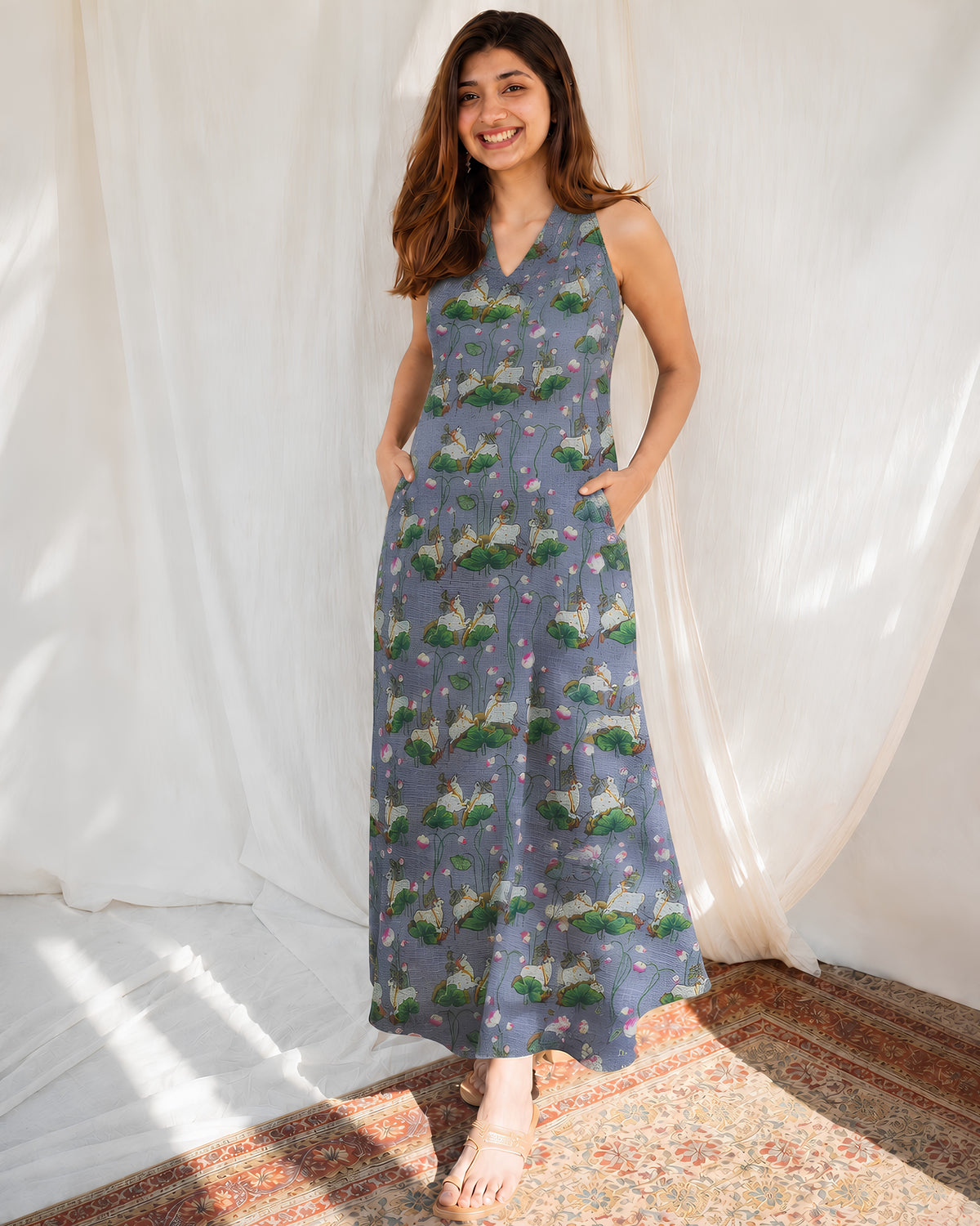Digital print fabric by S Fabs featuring a dusty blue lotus design, perfect for stylish apparel and home decor projects.