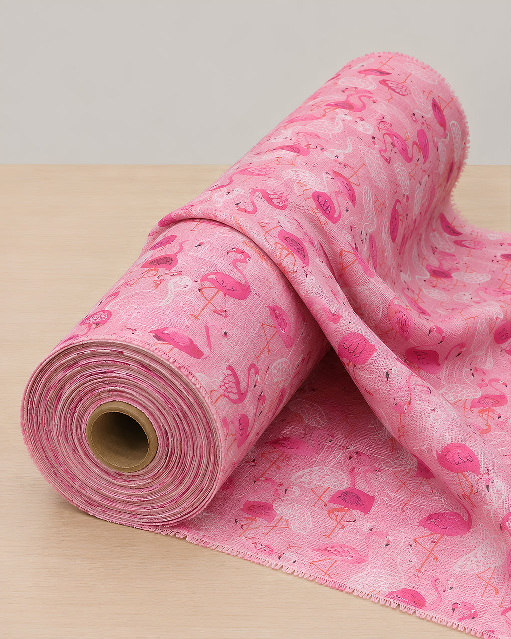 Pink flamingo digital print fabric from S Fabs, featuring vibrant pink flamingo design on material for craft and sewing projects.
