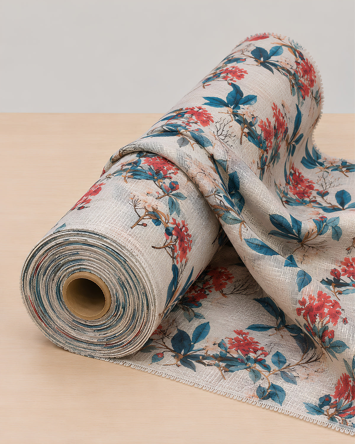 Rustic red floral Kota digital print fabric by S Fabs, showcasing intricate floral pattern on soft material.