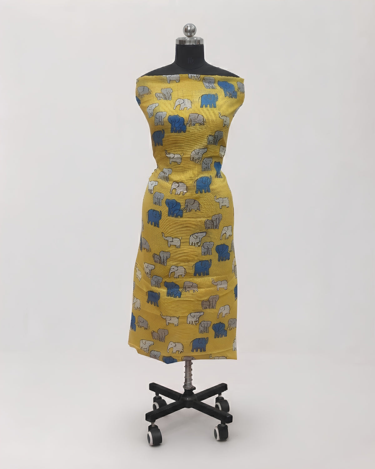 Yellow elephant digital print fabric from S Fabs, featuring a vibrant Kota material design with detailed elephant motifs.